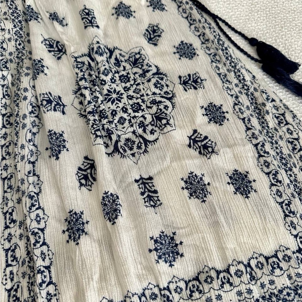 Lulumari White Maxi Bell Sleeve Dress with Navy Print